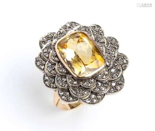 Yellow gold and silver flower ring with citrine quartz and r...