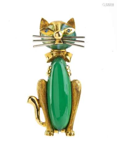 Gold brooch depicting a cat with chrysoprase and small sapph...