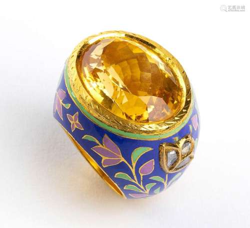 Gold enamel citrin quartz diamonds band ring - manufacure IN...