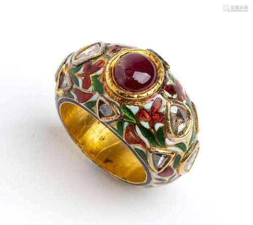 Gold enamel citrin quartz diamonds band ring - manufacure IN...