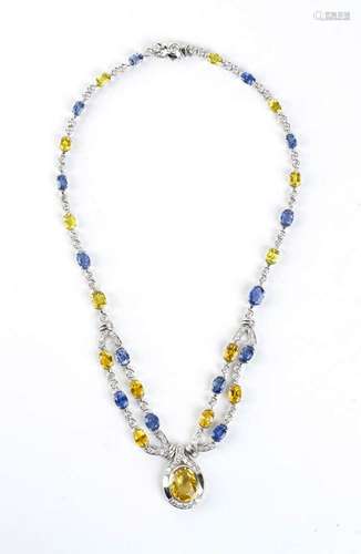 Blue and yellow sapphire diamond gold neclace