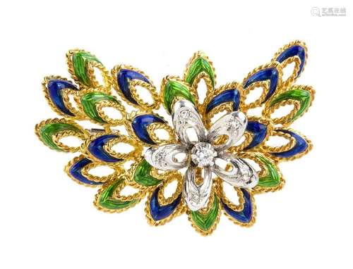 Enamel diamond floral gold brooch