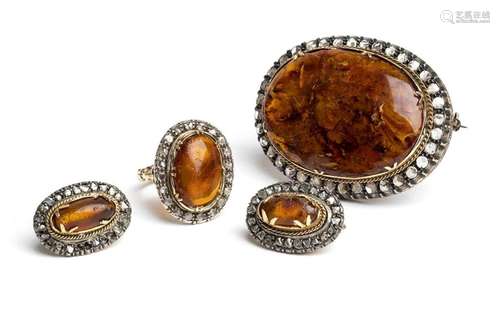 Amber rose diamond gold silver ring, brooch, earrings