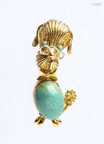 Brooch depicting a dog in gold and turquoise