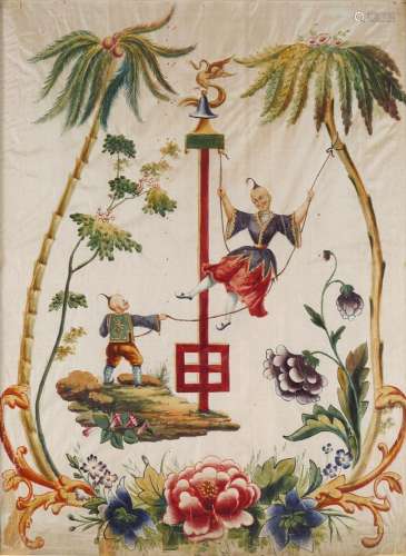 LATE 18TH-CENTURY PAINTED SILK PANEL