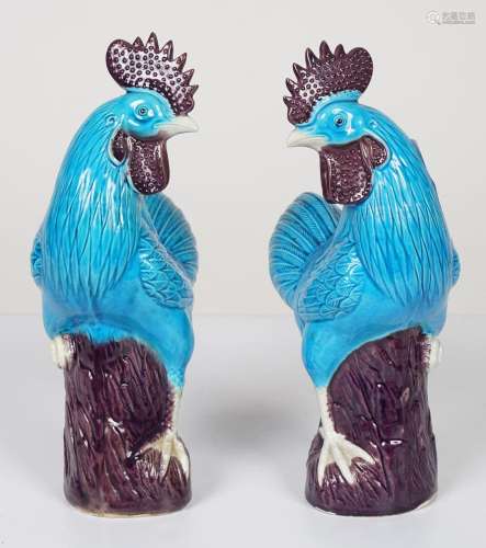 PAIR CHINESE BLUE GLAZED COCKRELS