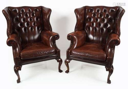 PAIR HIDE UPHOLSTERED WINGBACK ARMCHAIRS