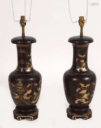 PAIR JAPANESE LACQUERED TABLE LAMPS