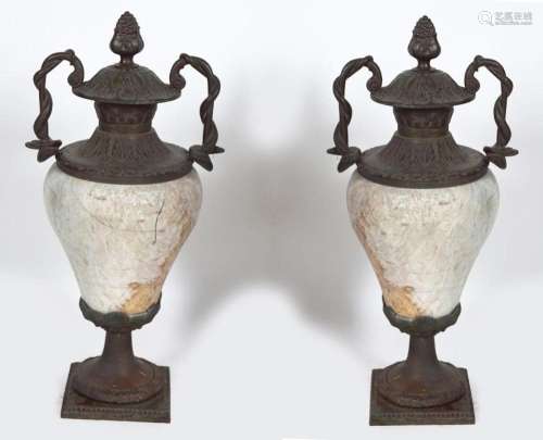 PAIR LARGE 19TH-CENTURY MARBLE & BRONZE URNS