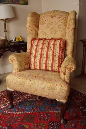 GEORGE II STYLE UPHOLSTERED WINGBACK ARMCHAIR