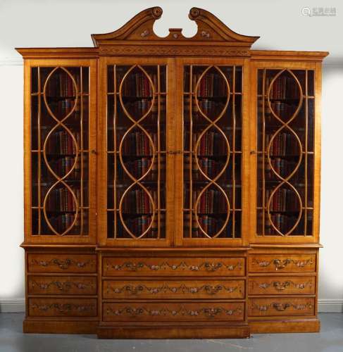 LARGE NEO-CLASSICAL SATINWOOD BREAKFRONT BOOKCASE