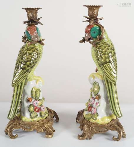 PAIR PORCELAIN POLYCHROME PARROTS