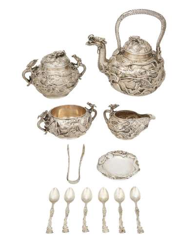 A Japanese silver dragon tea service