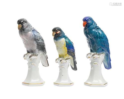 Three Karl Ens porcelain parrot figures