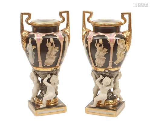 A pair of Sevres-style porcelain urns