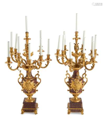 A pair of French marble and gilt-bronze candle lamps