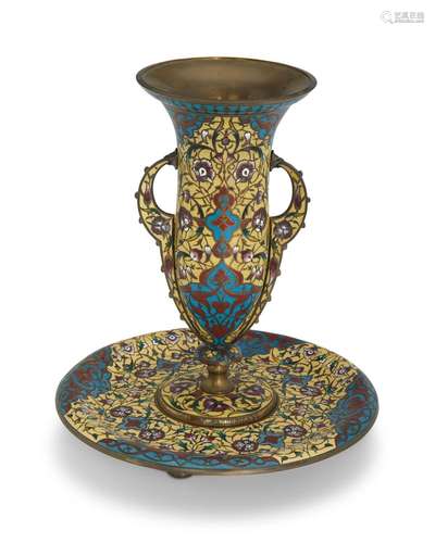 A Ferdinand Barbedienne champleve vase with plate