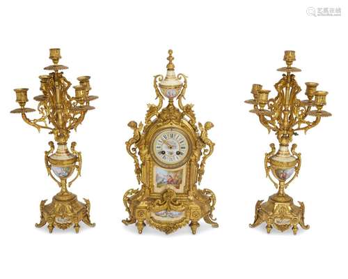 A French Samuel Martie porcelain and bronze clock set