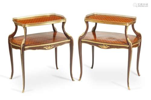 A pair of French Louis XV-style parquetry pastry tables