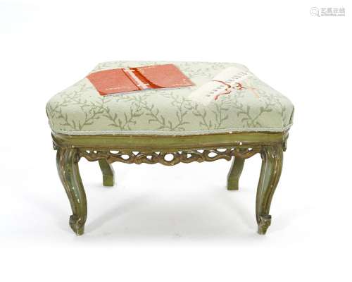 Tabouret, Venise, XIXe s., en bois peint vert et doré, garni...