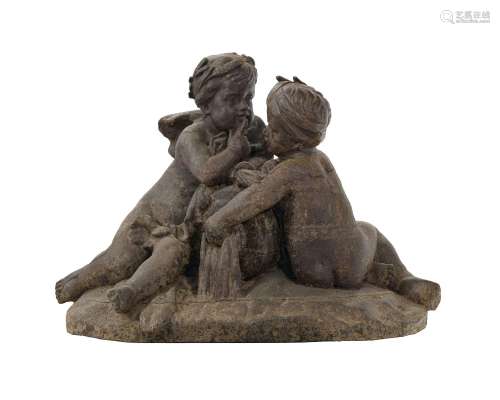 Sculpture de jardin, en fonte, figurant deux putti, 60x85x43...