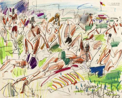 Gen Paul (1895-1975), Plage de Genève, 1962, crayon gras sur...