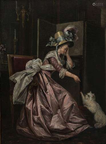 Ecole anglaise du XIXe s., Femme jouant avec un chat, huile ...