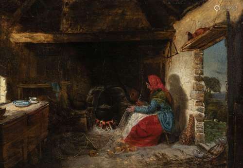 Ecole anglaise du XIXe s., Femme dans une chaumière, huile s...