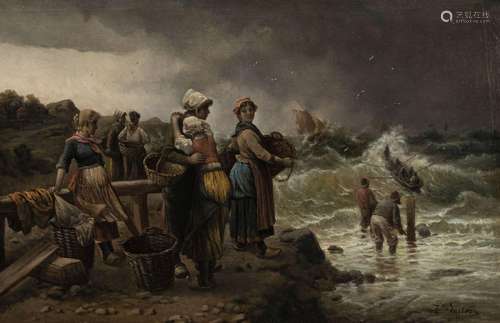 Louis Gartner (XIX-XX), Scène de pêche, huile sur toile, sig...