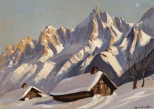 Marcel Wibault (1904-1998), Chalets enneigés, huile sur isor...