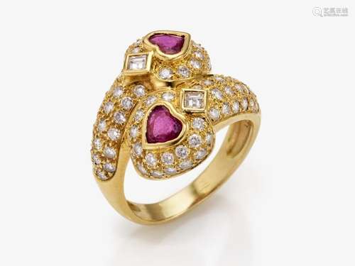 A ring with heart-shaped rubies and diamonds