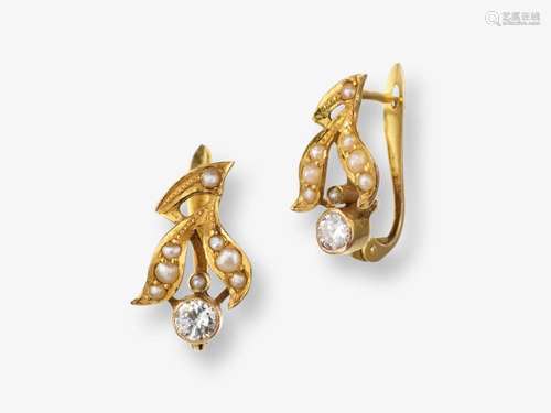 A pair of pearl and diamond stud earrings - Probably Germany...