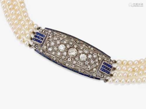 A cultured pearl Collier de Chien with a diamond- and sapphi...