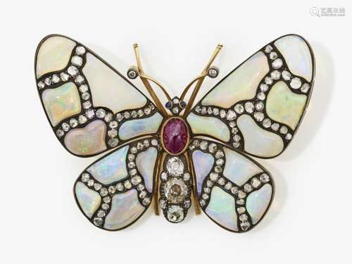 A butterfly brooch with a white opal, diamonds, sapphires an...