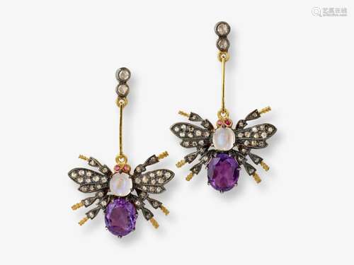 A pair of ``bee`` drop earrings decorated with rose-cut diam...