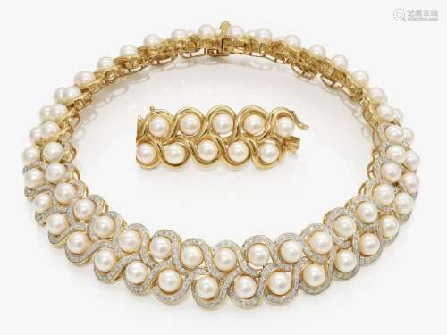 A Collier de Chien with cultured pearls and brilliant-cut di...