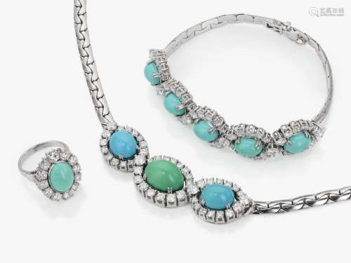 A necklace, bracelet and ring with turquoises and brilliant-...