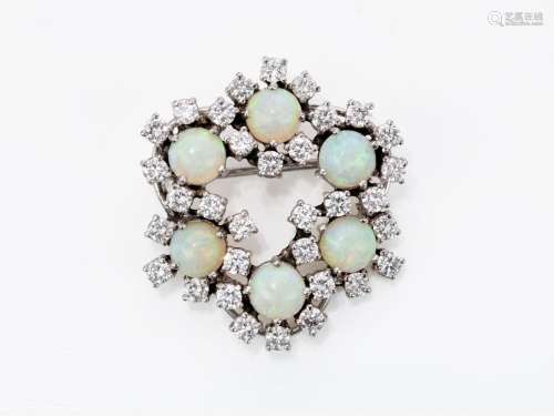 A stylized floral-like opal and brilliant-cut diamond brooch...