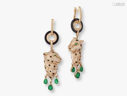 Convertible drop earrings with a panther motif decorated wit...