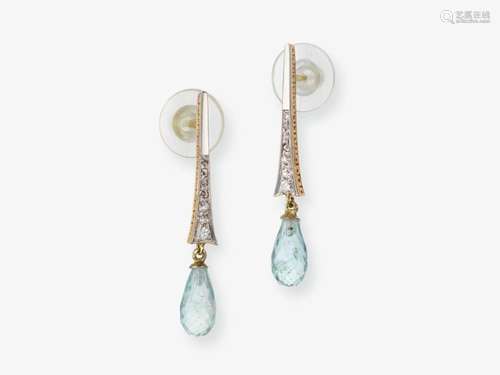 A pair of aquamarine and diamond drop earrings