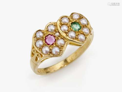 A heart ring with a ruby, emerald and seed pearls - London, ...