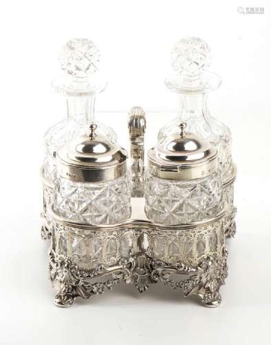 Rare English William IV sterling silver cruet with four bott...