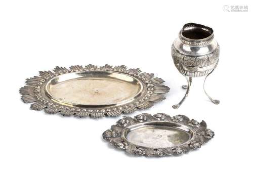 Lot consisting of a silver incense burner and two small tray...