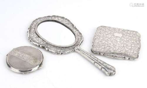 Lot consisting of two powder compact and a silver hand mirro...