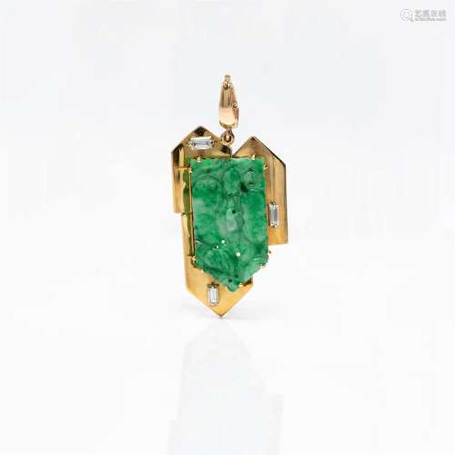 An eighteen karat gold, jadeite and diamond pendant,