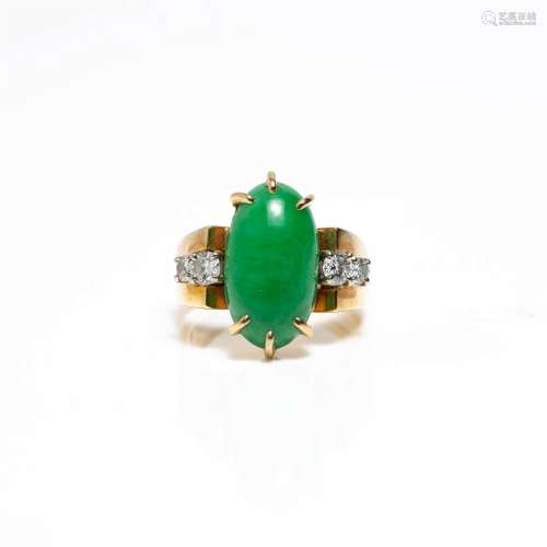 An eighteen karat gold, jadeite and diamond ring