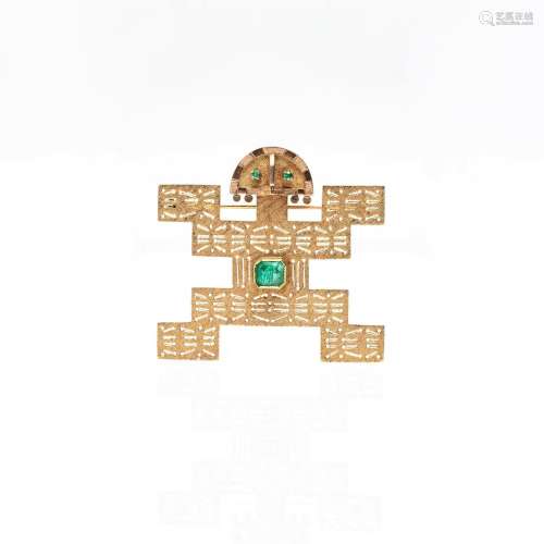 A pre-Columbian-style eighteen karat gold and probably emera...