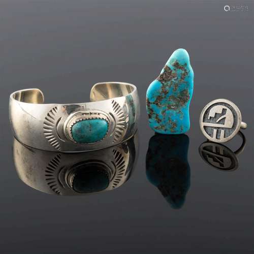 A collection of Native American sterling silver and turquois...