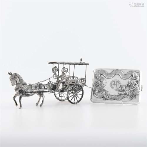 A Chinese export silver cigarette case and horse-drawn cart,