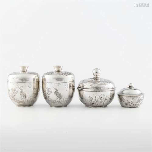 Four Chinese export silver lidded boxes,